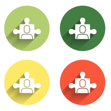 Proje ekip taban simgesini uzun gölge arkaplanı ile izole et. İş analizi ve planlama, danışmanlık, takım çalışması, proje yönetimi. Renkli daire düğmesi. Vektör.