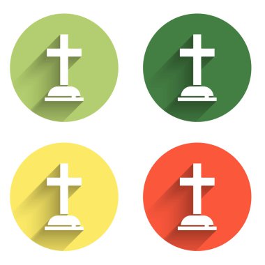 Tombstone 'u uzun gölge arkaplan ile izole edilmiş çapraz simge ile ayarla. Mezar ikonu. Renkli daire düğmesi. Vektör.