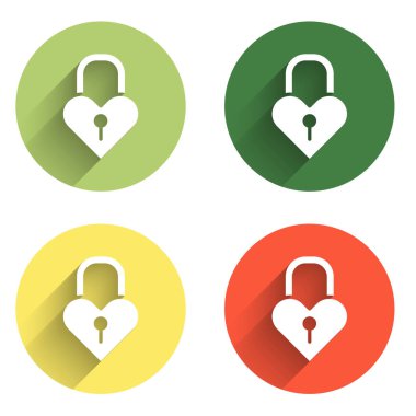 Castle 'ı izole edilmiş uzun gölgeli bir kalp simgesi şeklinde ayarla. Aşk sembolü ve anahtar deliği işareti. 8 Mart. Mutlu Kadın Günleri. Renkli daire düğmesi. Vektör.