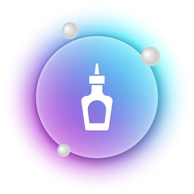 Beyaz arka planda izole edilmiş beyaz sos şişesi ikonu. Ketçap, hardal ve fast food için soslu mayonez şişeleri. Mavi ve mor eğimli çember arkaplan. Vektör.