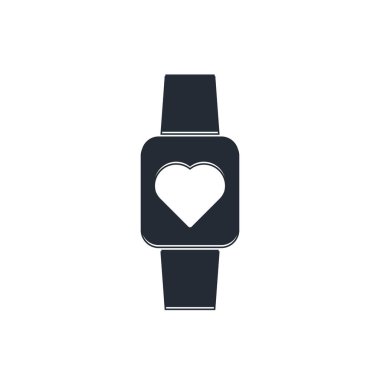 Siyah Akıllı saat beyaz arkaplanda kalp atışı simgesini gösteriyor. Fitness uygulaması konsepti. Vektör.