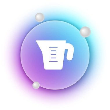 Beyaz arka planda izole edilmiş kuru ve sıvı yiyecek ikonunu ölçmek için beyaz ölçü kabı. Plastik şişenin sapı var. Mavi ve mor eğimli çember arkaplan. Vektör.