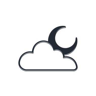 Beyaz arka planda izole edilmiş ay simgesi olan kara bulut. Bulutlu gece işareti. Uyku rüyalarının sembolü. Gece ya da yatak zamanı tabelası. Vektör.