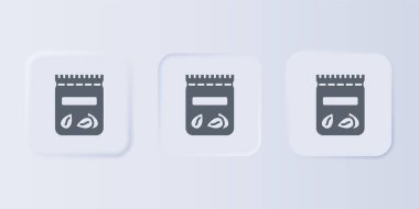 Gri arka planda izole edilmiş belirli bir bitki simgesinin tohumlarıyla dolu gri paket. Kare düğmelere simgeleri yerleştir. Vektör.