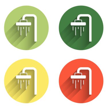 Duş başlığını su damlası ikonu akan uzun gölge arkaplan ile izole et. Renkli daire düğmesi. Vektör.