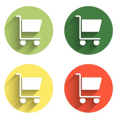 Alışveriş arabası simgesini uzun gölge arkaplanı ile izole et. İnternetten satın alma konsepti. Servis tabelası. Süpermarket sepeti sembolü. Renkli daire düğmesi. Vektör.