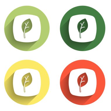 Yaprak Çevre simgesi simgesini uzun gölge arkaplanı ile izole et. Pankart, etiket, etiket, logo, çevre yeşili etiketi. Renkli daire düğmesi. Vektör.