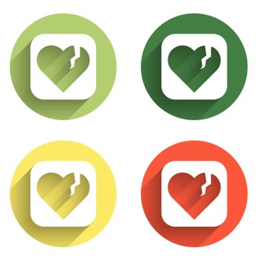 Kırık kalp ya da boşanma simgesini uzun gölgeli olarak ayır. Aşk sembolü. Sevgililer günün kutlu olsun. Renkli daire düğmesi. Vektör.