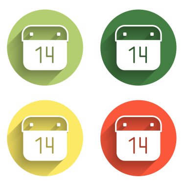 Takvimi 14 Şubat simgesi ile uzun gölge arkaplanı ile izole et. Sevgililer Günü. Aşk sembolü. Renkli daire düğmesi. Vektör.