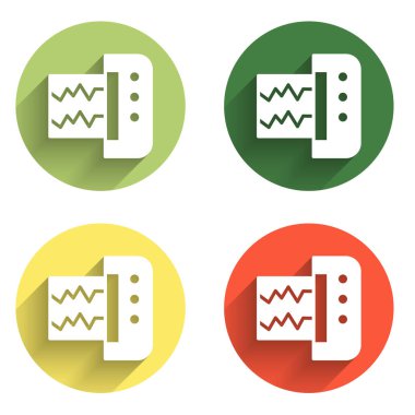 Sismograf simgesini uzun gölge arkaplanı ile izole et. Deprem analog sismografı. Renkli daire düğmesi. Vektör.
