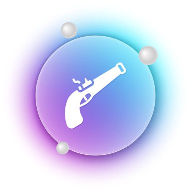 Beyaz arka planda izole edilmiş beyaz Vintage tabanca ikonu. Eski bir silah. Mavi ve mor eğimli çember arkaplan. Vektör.