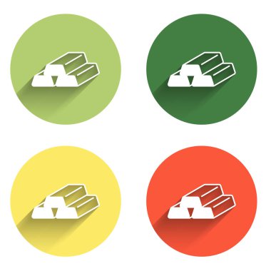 Altın çubuk simgesini uzun gölge arkaplanı ile izole et. Bankacılık işi konsepti. Renkli daire düğmesi. Vektör.