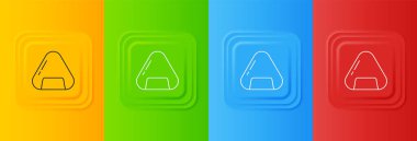 Renkli arka planda beyaz suşi simgesi izole edildi. Geleneksel Japon yemekleri. Kare düğmelere simgeleri yerleştir. Vektör.