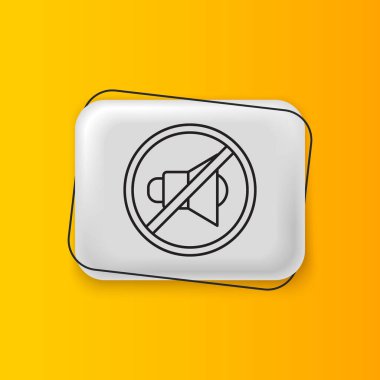 Siyah Sözcü dilsiz simgesi sarı arkaplanda izole edildi. Ses simgesi yok. Ses Kapalı sembolü. Gümüş dikdörtgen düğme. Vektör.