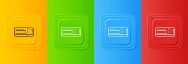 Beyaz seyahat bileti ikonu renkli arka planda izole edildi. Tren, gemi, uçak, tramvay, otobüs. Seyahat servisi konsepti. Kare düğmelere simgeleri yerleştir. Vektör.