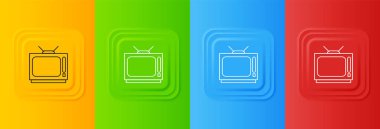 Beyaz Retro TV simgesi renkli arkaplanda izole edildi. Televizyon tabelası. Kare düğmelere simgeleri yerleştir. Vektör.