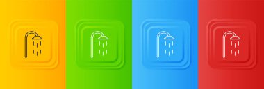 Su damlaları akan beyaz duş başlığı renkli arka planda izole edilmiş. Kare düğmelere simgeleri yerleştir. Vektör.