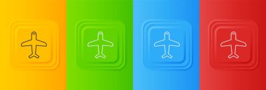 Beyaz düzlem simgesi renkli arkaplanda izole edildi. Uçan uçak ikonu. Uçak tabelası. Kare düğmelere simgeleri yerleştir. Vektör.