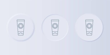 Gri arkaplanda izole edilmiş tüp ikonunda gri güneş kremi. Cilt için güneş ultraviyole ışığından koruma. Kare düğmelere simgeleri yerleştir. Vektör.