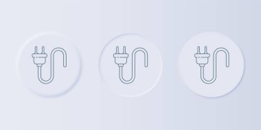 Gri elektrik prizi simgesi gri arkaplanda izole edildi. Bağlantı kavramı ve elektriğin kesilmesi. Kare düğmelere simgeleri yerleştir. Vektör.