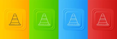 Renkli arka planda beyaz trafik konisi simgesi izole edildi. Kare düğmelere simgeleri yerleştir. Vektör.