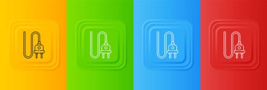 Beyaz Elektrik tıkacı simgesi renkli arkaplanda izole edildi. Bağlantı kavramı ve elektriğin kesilmesi. Kare düğmelere simgeleri yerleştir. Vektör.