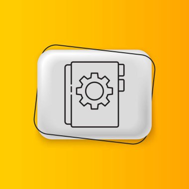 Siyah Kullanıcı elle simgesi sarı arkaplanda izole edildi. Kullanıcı rehberi kitabı. Talimat işareti. Kullanmadan önce oku. Gümüş dikdörtgen düğme. Vektör.