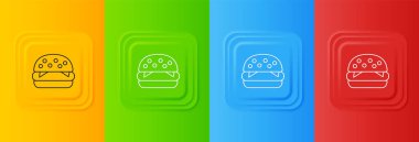 Beyaz Burger simgesi renkli arkaplanda izole edilmiş. Hamburger ikonu. Çizburger sandviç tabelası. Fast food menüsü. Kare düğmelere simgeleri yerleştir. Vektör.