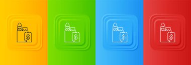 Beyaz Çevrimiçi sipariş ve fast food dağıtım ikonu renkli arka planda izole edildi. Kare düğmelere simgeleri yerleştir. Vektör.