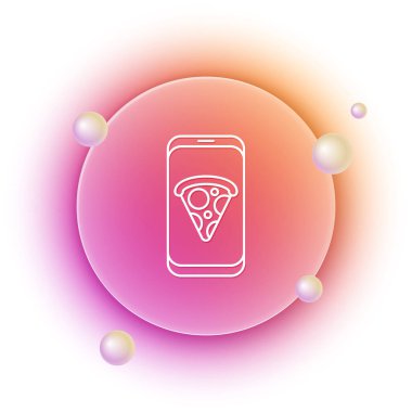 Beyaz yiyecek beyaz arka planda izole edilmiş pizza ikonu sipariş ediyor. Cep telefonuyla sipariş verin. Restoran yemek teslimatı konsepti. Turuncu ve pembe eğimli çember arka planı. Vektör.