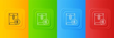 Renkli arka planda izole edilmiş Avro sembollü Beyaz Zarf. Maaş zammı, maaş bordrosu, tazminat geliri. Kare düğmelere simgeleri yerleştir. Vektör.