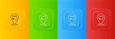 Renkli arkaplanda karton kutu simgesine sahip beyaz konum. Teslimat hizmetleri, lojistik ve ulaşım, dağıtım. Kare düğmelere simgeleri yerleştir. Vektör.