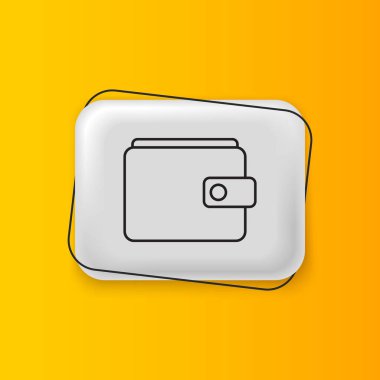 Sarı arka planda siyah cüzdan simgesi izole edildi. Çanta ikonu. Nakit tasarruf sembolü. Gümüş dikdörtgen düğme. Vektör.