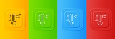 Beyaz Meteoroloji termometresi renkli arkaplanda izole edilmiş ikonu ölçüyor. Termometre termometresi sıcak ya da soğuk hava gösteriyor. Kare düğmelere simgeleri yerleştir. Vektör.