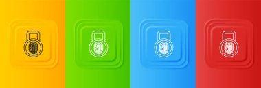 Renkli arkaplanda kilit simgesi olan beyaz parmak izi. Kimlik uygulaması simgesi. Kimlik işareti. Kimliğe dokun. Kare düğmelere simgeleri yerleştir. Vektör.