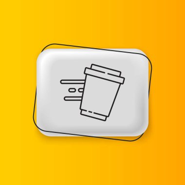 Sarı arka planda izole edilmiş simge haline getirmek için sade kahve bardağı. Gümüş dikdörtgen düğme. Vektör.