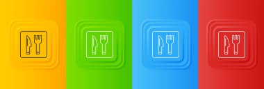 Beyaz Kafe ve restoran konumu ikonu renkli arka planda izole edildi. Noktanın içinde çatal ve kaşık yeme işareti var. Kare düğmelere simgeleri yerleştir. Vektör..