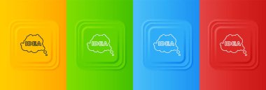 Beyaz fikir, renkli arkaplanda izole edilmiş konuşma balonu simgesi. Bulut konuşmasıyla mesaj balonu fikri. Kare düğmelere simgeleri yerleştir. Vektör.