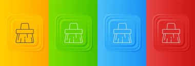 Beyaz saplı süpürge simgesi renkli arkaplanda izole edildi. Temizlik hizmeti konsepti. Kare düğmelere simgeleri yerleştir. Vektör.