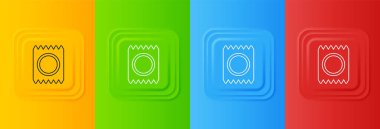 Beyaz prezervatif renkli arka planda izole edilmiş güvenli seks ikonu. Güvenli aşk sembolü. Erkekler için doğum kontrol yöntemi. Kare düğmelere simgeleri yerleştir. Vektör.