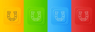 Renkli arka planda beyaz at nalı simgesi izole edildi. Kare düğmelere simgeleri yerleştir. Vektör.