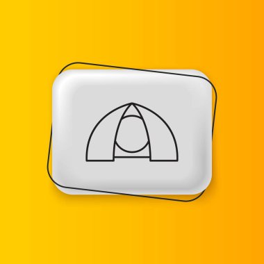 Sarı arka planda izole edilmiş siyah turist çadırı simgesi. Kamp sembolü. Gümüş dikdörtgen düğme. Vektör.