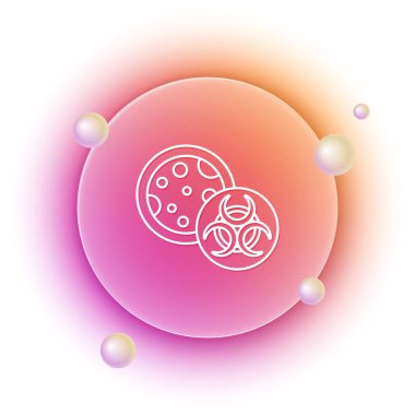 Beyaz GDO simgesi beyaz arkaplanda izole edildi. Genetik olarak değiştirilmiş organizma kısaltması. DNA gıda modifikasyonu. Turuncu ve pembe eğimli çember arka planı. Vektör.