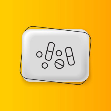 Sarı arka planda siyah ilaç veya tablet ikonu var. Kapsül hapı ve uyuşturucu işareti. Eczane tasarımı. Gümüş dikdörtgen düğme. Vektör.