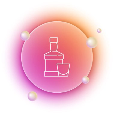 Beyaz arka planda beyaz viski şişesi ve cam ikon izole edilmiş. Turuncu ve pembe eğimli çember arka planı. Vektör.