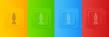 Renkli arkaplanda beyaz yanan mum simgesi izole edildi. Silindirik aromatik mum çubuğu ve yanan ateş. Mutlu Cadılar Bayramı Partisi. Kare düğmelere simgeleri yerleştir. Vektör.