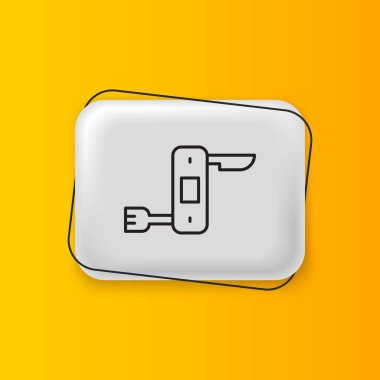 Sarı arka planda izole edilmiş siyah İsviçre ordu bıçak ikonu. Çoklu alet, çok amaçlı çakı. Çok fonksiyonlu bir alet. Gümüş dikdörtgen düğme. Vektör.