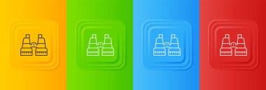 Renkli arkaplanda beyaz dürbün simgesi izole edildi. Yazılım işareti bul. Casus ekipman sembolü. Kare düğmelere simgeleri yerleştir. Vektör.