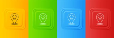 Renkli arka planda konum simgesine sahip beyaz aşçı şapkası. Aşçılık sembolü. Aşçı şapkası. Kare düğmelere simgeleri yerleştir. Vektör.