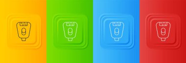 Beyaz Epilatör simgesi renkli arkaplanda izole edildi. Elektrikli jiletle deplasyon. Cesette saç kesimi. Kare düğmelere simgeleri yerleştir. Vektör.